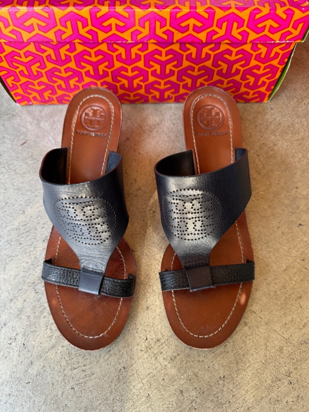 Tory Burch Black Leather Logo Sandals